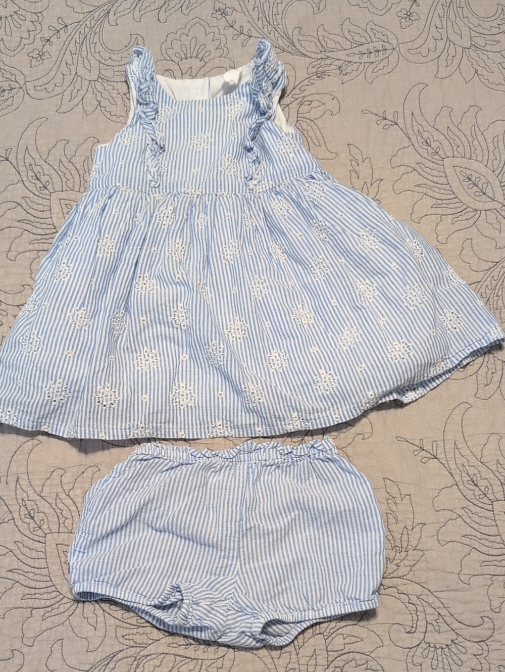 H&M Light Blue & White Striped Eyelet Dress with Matching Bloomers